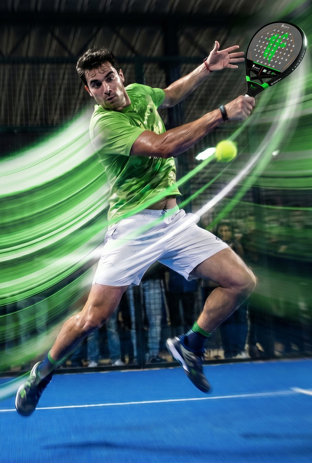 Athlete swinging a Fierce Paddles racket on a padel court at golden hour